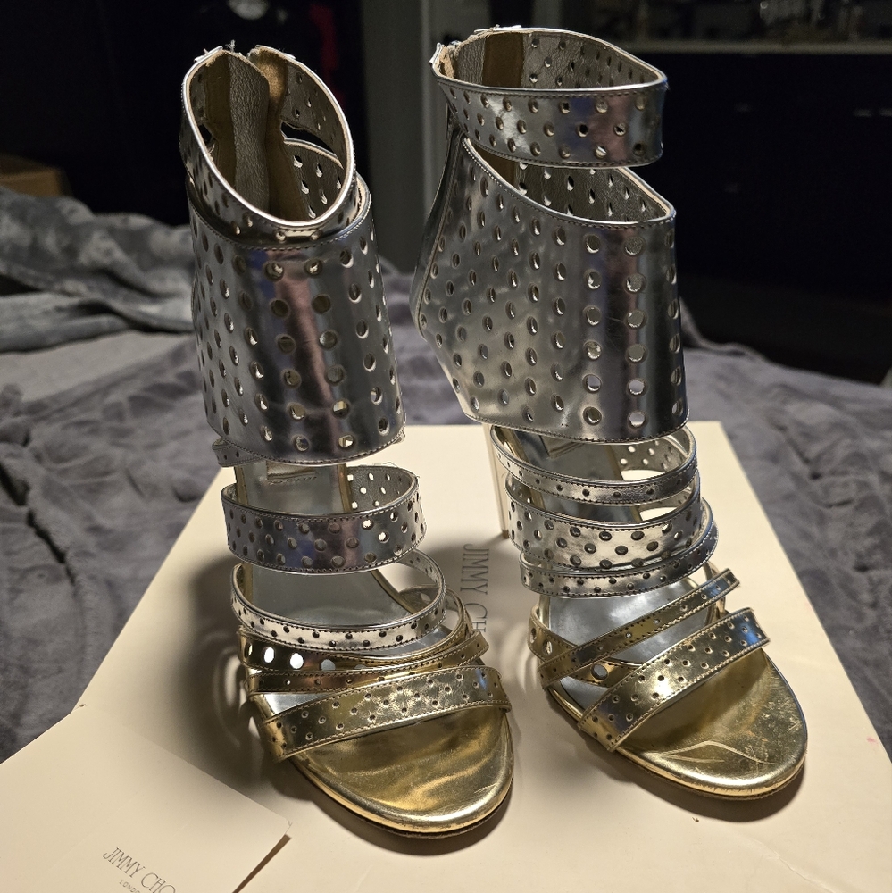 JIMMY CHOO Silver & Gold Metallic Ankle Caged Stilettos - Picture 3 of 14
